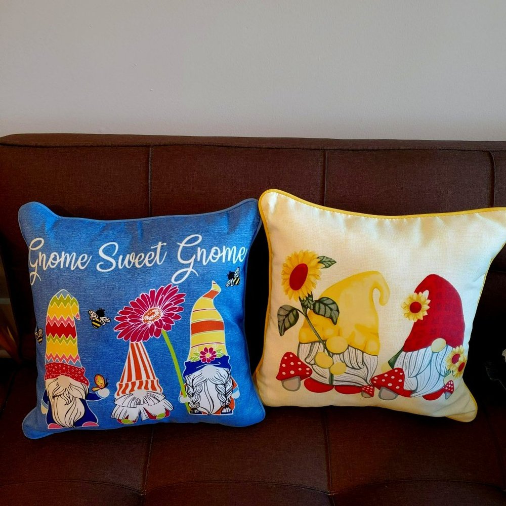 Colorful Gnome Accent Pillows, Set of 2, Blue Yellow, Gnome Sweet Gnome NEW